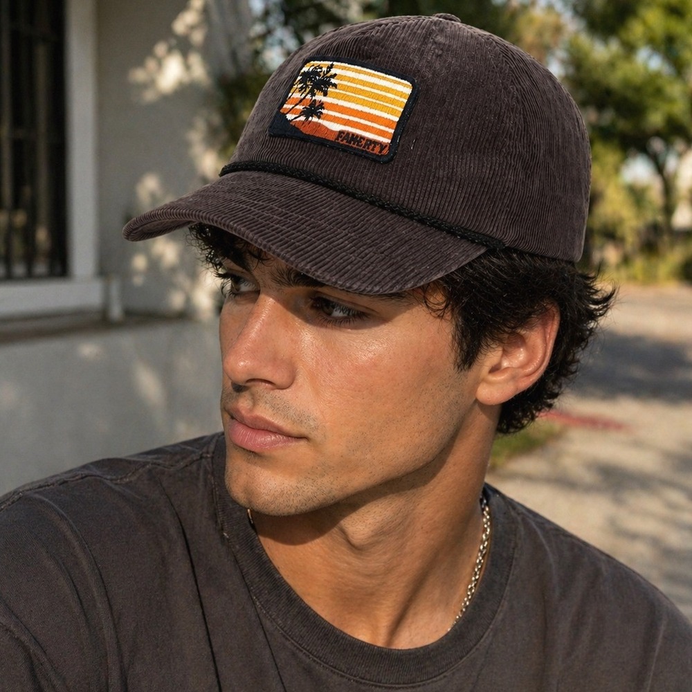 Faherty Charcoal Gray Corduroy Snapback Hat‎ Sunset Palm Tree Patch Rope Hat OS